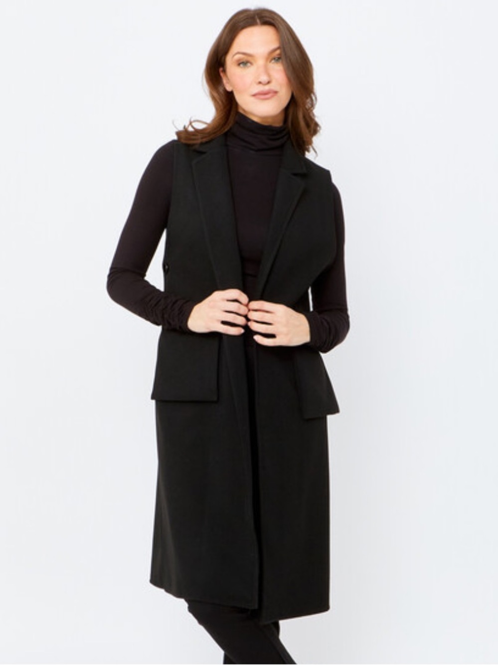 Frank Lyman Open Front Long Length Black Vest sz 14 Patch Pockets Button Detail